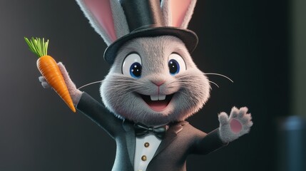 Cheerful Animated Rabbit in Tuxedo Holding Carrot with Joyful Smile