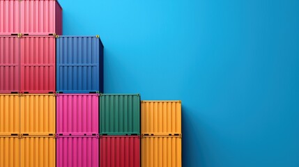 A vibrant stack of colorful shipping containers against a bright blue background, showcasing a modern and playful aesthetic.