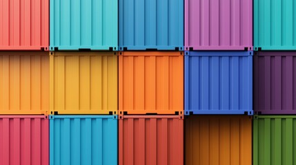 Fototapeta premium A vibrant arrangement of colorful shipping containers stacked in a grid pattern, showcasing a variety of bold hues.