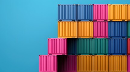Fototapeta premium A vibrant stack of colorful shipping containers against a bright blue background, showcasing a modern and playful aesthetic.