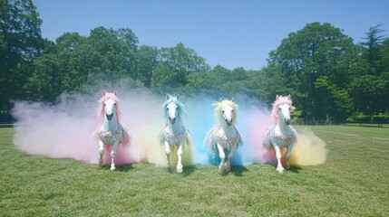 Obraz premium Pastel horses running, park, colorful smoke, fantasy