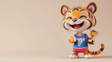 Cheerful cartoon tiger character celebrating with a trophy award