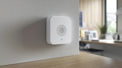 White smart home sensor wall mount, modern office background