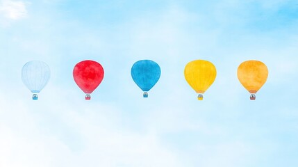 Colorful hot air balloons fly in a row across a cloudy sky, travel, adventure
