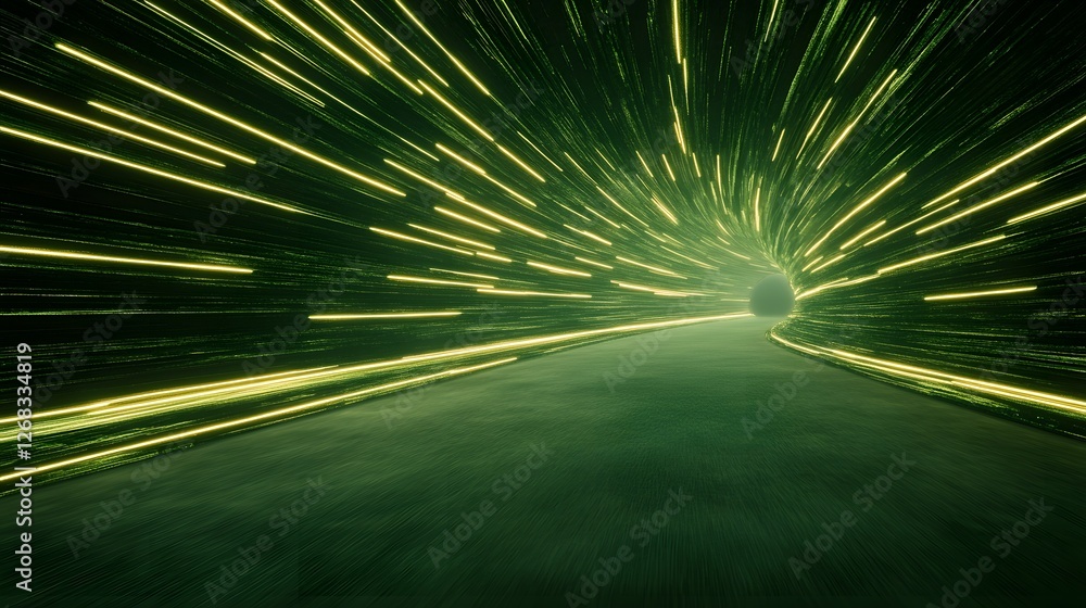 Poster dynamic light trails in a futuristic tunnel with a green glow
