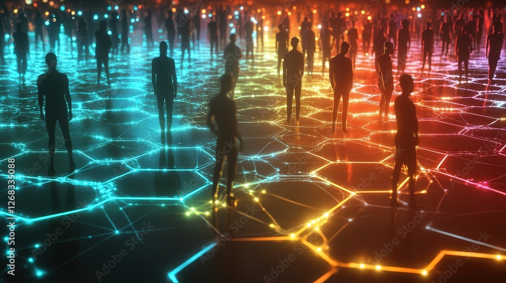 Poster social community represented by hexagonal shapes connected by glowing lines, with human figures show
