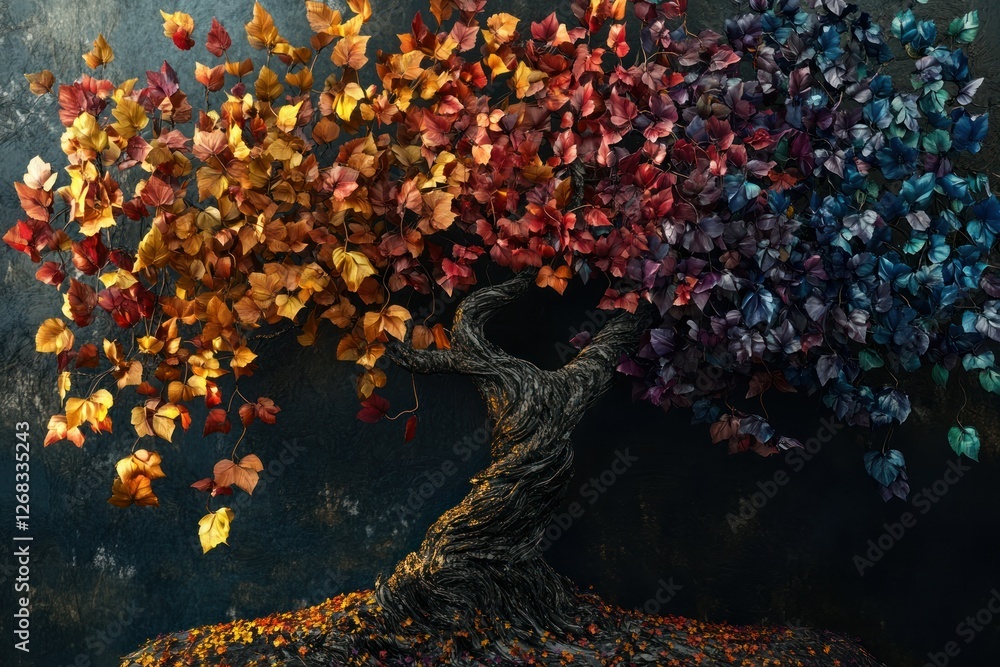 Aufkleber luxurious 3d abstraction of a tree with cascading branches filled with multicolored leaves, set on a