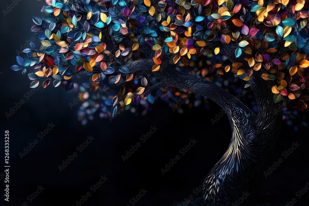 Aufkleber luxurious 3d abstraction of a tree with cascading branches filled with multicolored leaves, set on a