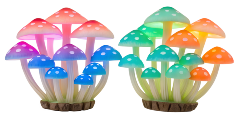 Colorful Glowing Mushrooms Cluster for Magical and Surreal Mushroom Imagery, PNG Transparent