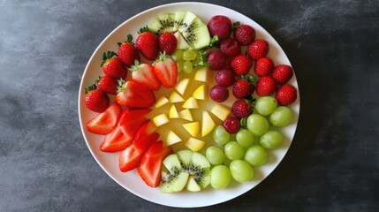 Colorful fruit platter with strawberries, kiwi, grapes, and apple slices