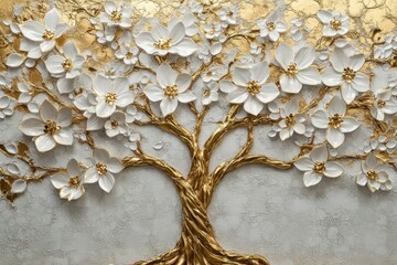 Luxurious 3D mural featuring a golden tree of life adorned with delicate white flowers on a textured background.
