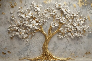 Fototapeta premium Luxurious 3D wallpaper featuring a shimmering golden tree of life with realistic white floral accents and soft textures.