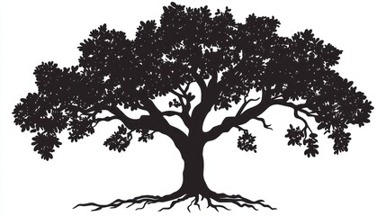 Majestic Oak Tree Silhouette, Roots Visible, Nature Background, Ecology Illustration