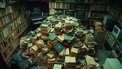 Fototapeta premium Exploring a Mountain of Books: Vintage Literature and Collectibles in a Dusty Room, Overflowing with Stories and Knowledge