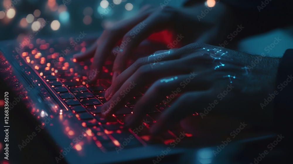 Poster tech-driven professional typing on a laptop with glowing virtual documents and ai-enhanced interface