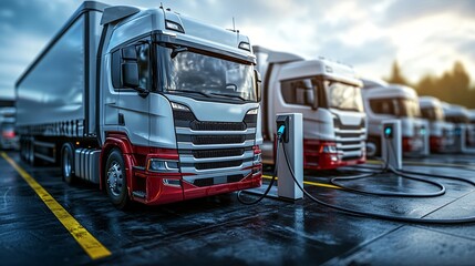 Electric trucks charging at depot, sunset