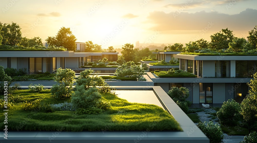 Poster a sustainable design concept for an eco-friendly business park featuring modern architecture and gre