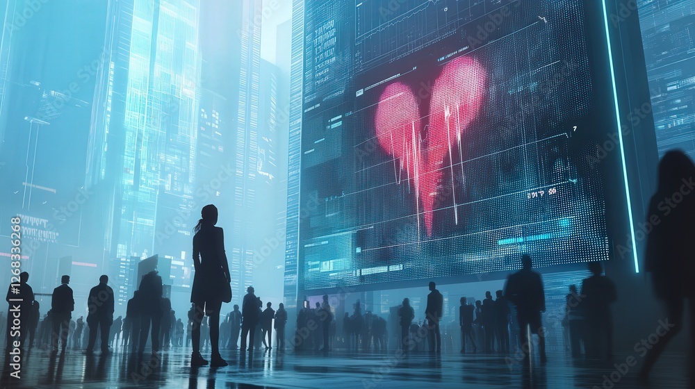 Poster towering cyber-screen displays a heartbeat graph pulsing erratically, reflecting the fear gripping t