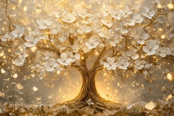Luxury 3D mural wallpaper with a golden tree of life adorned with intricate white flowers and subtle light effects.