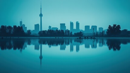Obraz premium Cityscape reflection, dawn, lake, urban, skyline, tranquil, peaceful, design, tourism, Canada
