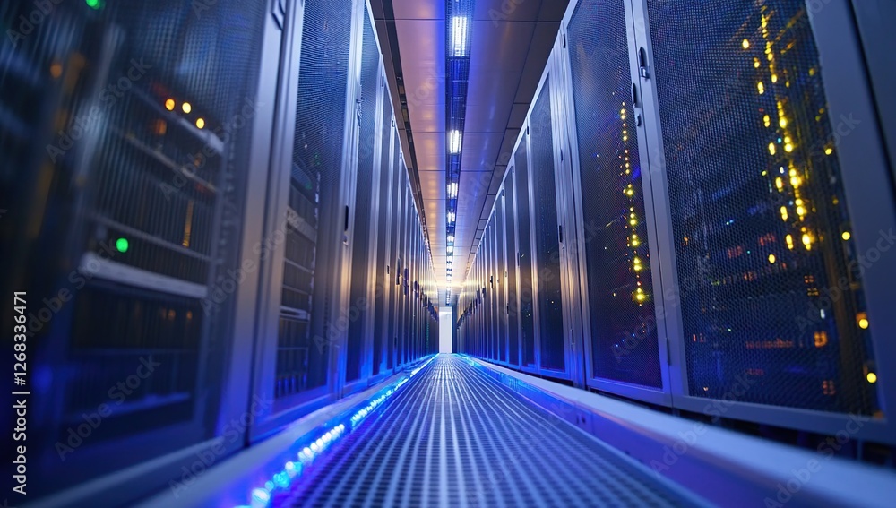 Poster exploring the data center: server racks, network infrastructure, and modern technology in a high-tec