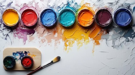 Vibrant assortment of paint cans arranged in a colorful pattern with a brush on a palette, showcasing creativity