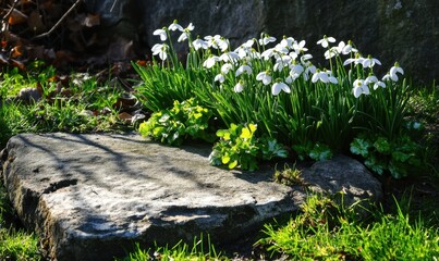 Snowdrops bloom vibrantly beside a stone in a sunlit garden, surrounded by lush greenery