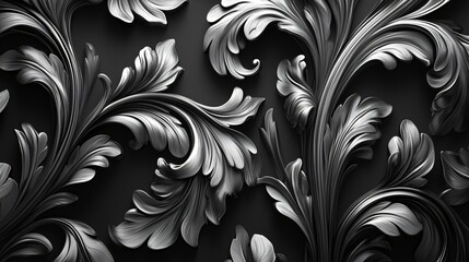 Elegant silver acanthus leaf pattern, dark background, design texture