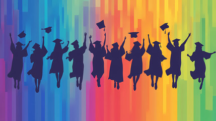 Celebratory Silhouette: Silhouettes of graduates in caps and gowns toss their graduation caps into the air, celebrating a momentous achievement. Against a vibrant, colorful backdrop.