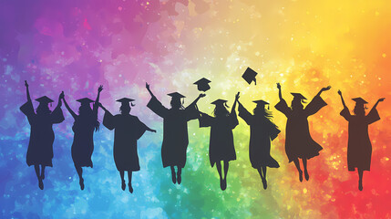 Celebrating Milestones: Silhouetted figures of graduates, dressed in caps and gowns, celebrate a momentous achievement as they toss their mortarboards high against a vibrant, rainbow-colored backdrop.