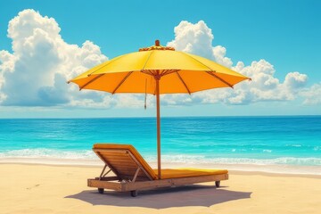 Beautiful Beach Scene with Yellow Umbrella and Lounger