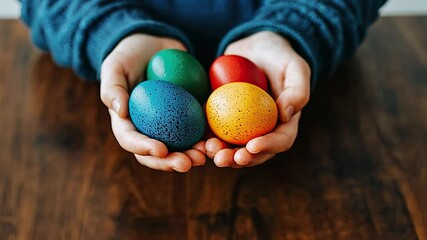 Easter Egg Hunt: A close-up of a child's hands gently cradling four colorful Easter eggs, painted in vibrant hues of green, red, blue, and yellow, symbolizing the joy and tradition of Easter. 