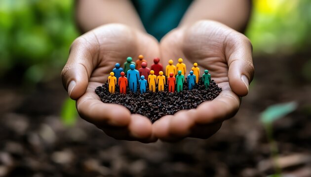 Protecting our people, hands cradling a miniature community, symbolizing care, support, human connection, empathy, nurturing environment, emotional warmth, symbolic protection
