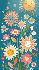 Obraz premium Whimsical smiling flowers and sun on colorful teal background. 'Get well soon' or 'Have a nice day' concept