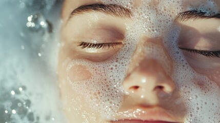 Fototapeta premium Close-up of a Woman's Face Covered in Cleansing Foam Bubbles, Skincare Routine, Facial Treatment