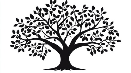Black silhouette tree, leaves, growth, nature, white background; design, logo