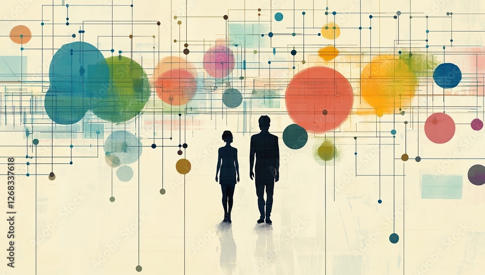 Poster abstract network: two figures navigate complex connections and intersections of colorful circles, li