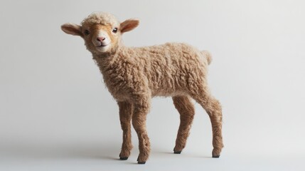 Fototapeta premium Cute lamb standing, light background, farm animal, spring