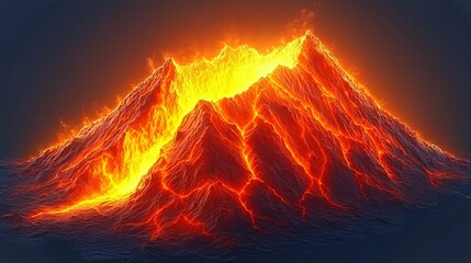 Erupting volcano at night, fiery lava flows. Background Dark sky, geological event. Use  Science, education