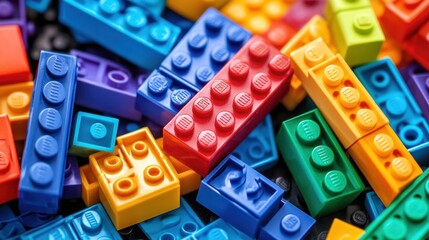 Fototapeta premium Colorful plastic bricks scattered on a dark surface, close-up, for toy advertisement