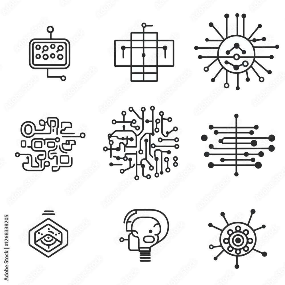 Aufkleber abstract tech icons: circuit boards and digital concepts in linear style.