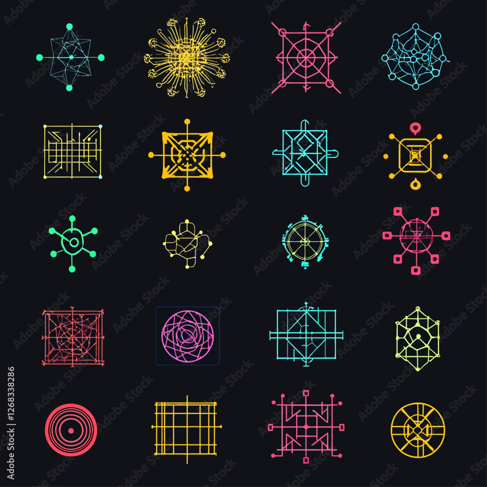 Aufkleber geometric patterns and symbols in a glowing neon style on black background