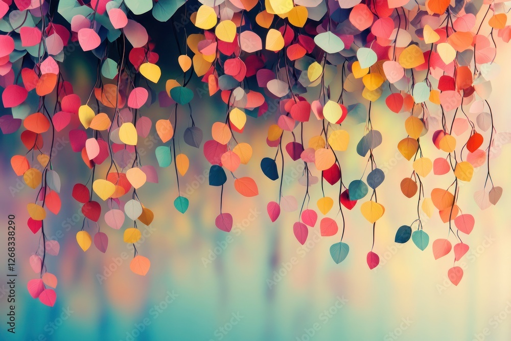 Poster modern 3d illustration of a colorful tree with hanging branches and multicolored leaves on a calming