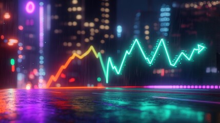 Obraz premium neon display showing bitcoin value increasing with a glowing green line graph pointing up, representing a surge in cryptocurrency.