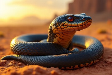 Fototapeta premium Close-up of a black snake coiled in the desert at sunset