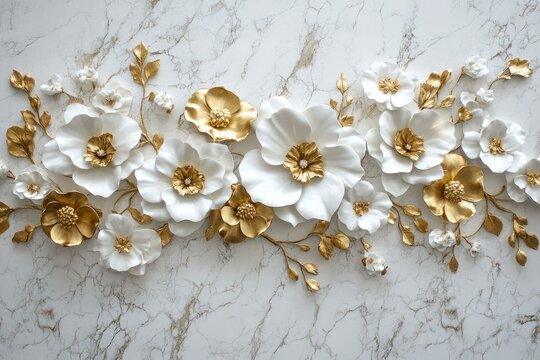 Modern 3D wall art depicting gold and white flowers elegantly placed on a textured white marble background, blending classic and contemporary styles.