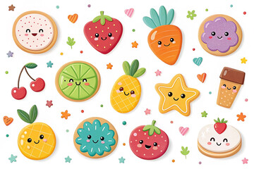 Cute fruit cookies dessert design, white background, colorful confectionery, food illustration