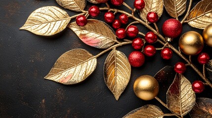 Festive gold & red decor on dark background