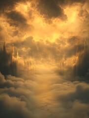 Fototapeta premium Surreal image of a golden kingdom in the clouds, featuring dreamy landscapes and ethereal elements.