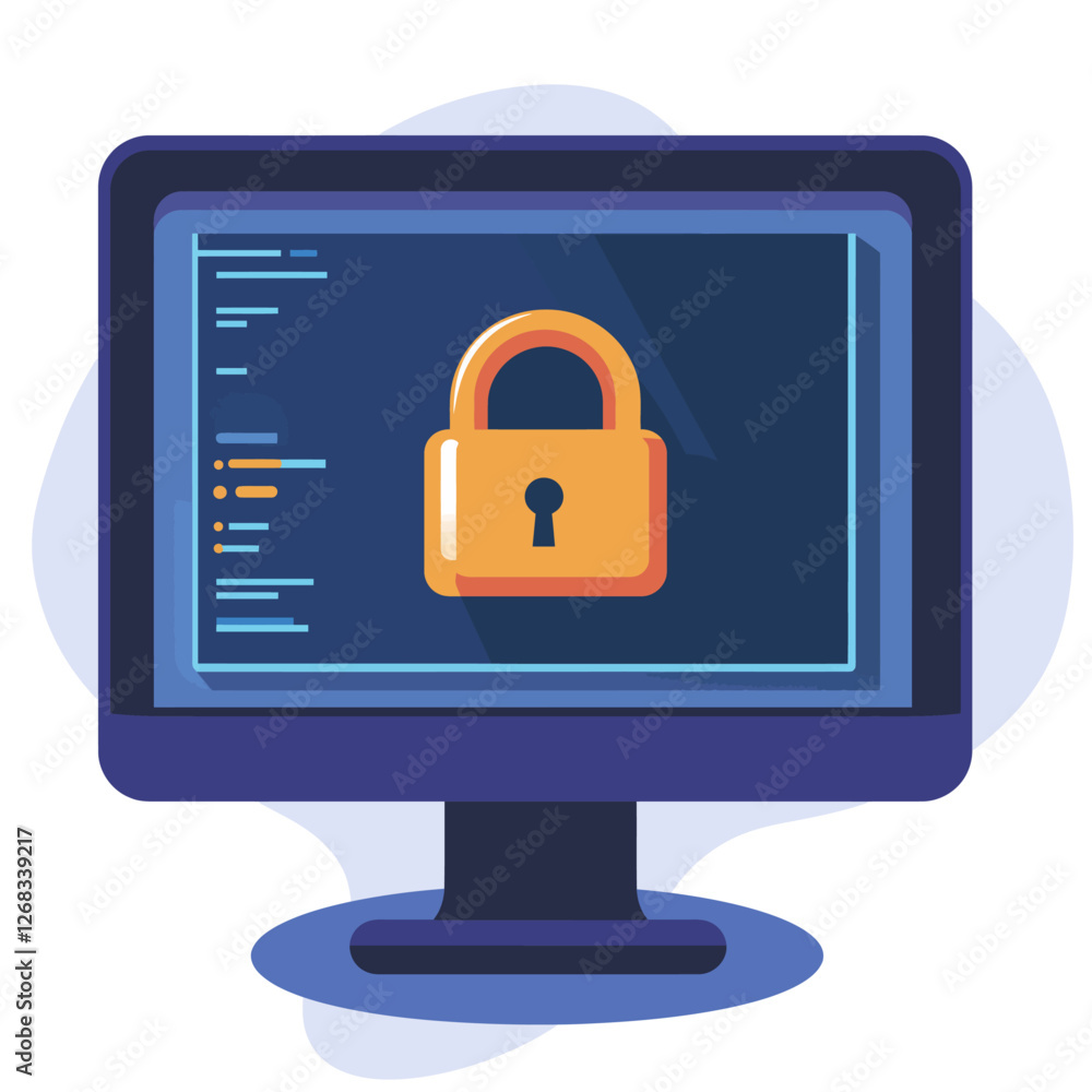 Poster computer screen with a padlock, digital data protection, security and coding
